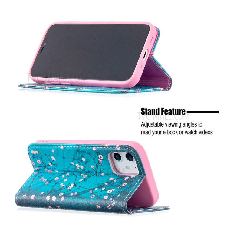 Auto-absorbed PU Leather Stand Case with Pattern Printing for iPhone 12 mini - Plum Blossom-5
