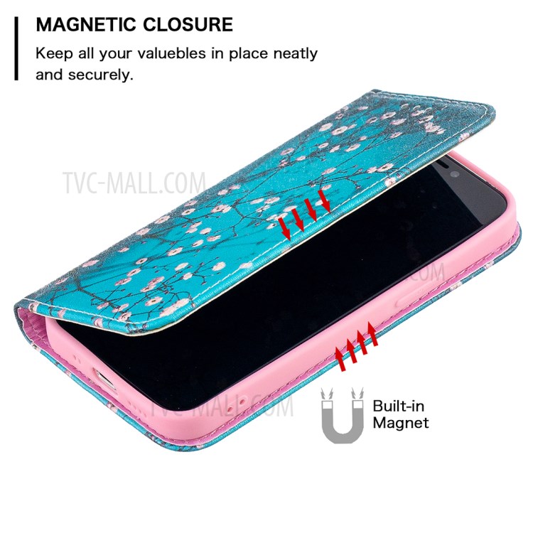 Auto-absorbed PU Leather Stand Case with Pattern Printing for iPhone 12 mini - Plum Blossom-6