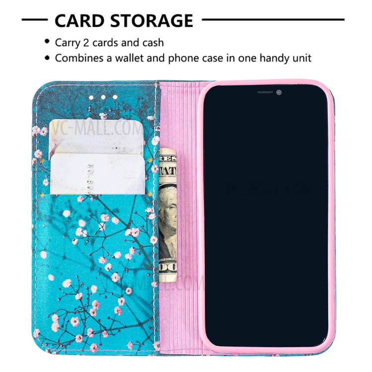 Auto-absorbed PU Leather Stand Case with Pattern Printing for iPhone 12 mini - Plum Blossom-7