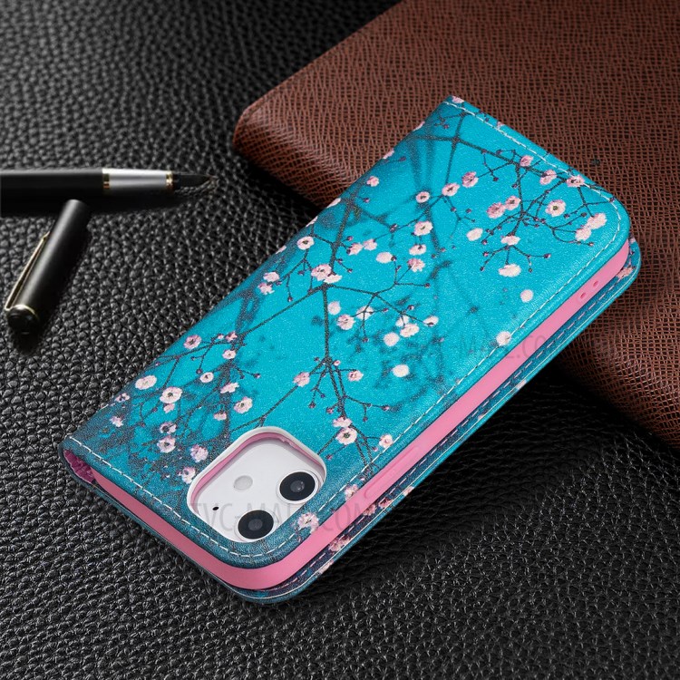 Auto-absorbed PU Leather Stand Case with Pattern Printing for iPhone 12 mini - Plum Blossom-9