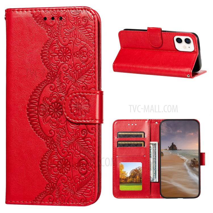 Imprinted Flower Vine Wallet Leather Cell Phone Case with Lanyard for iPhone 12 mini - Red-1