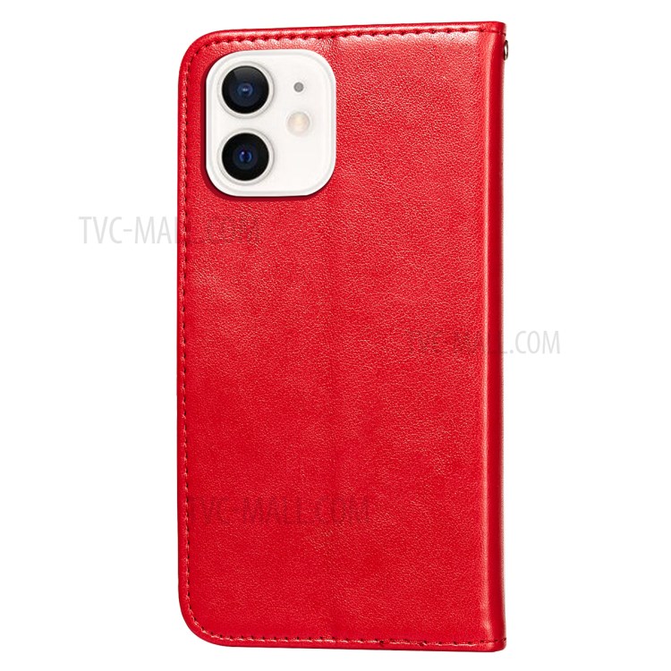 Imprinted Flower Vine Wallet Leather Cell Phone Case with Lanyard for iPhone 12 mini - Red-3