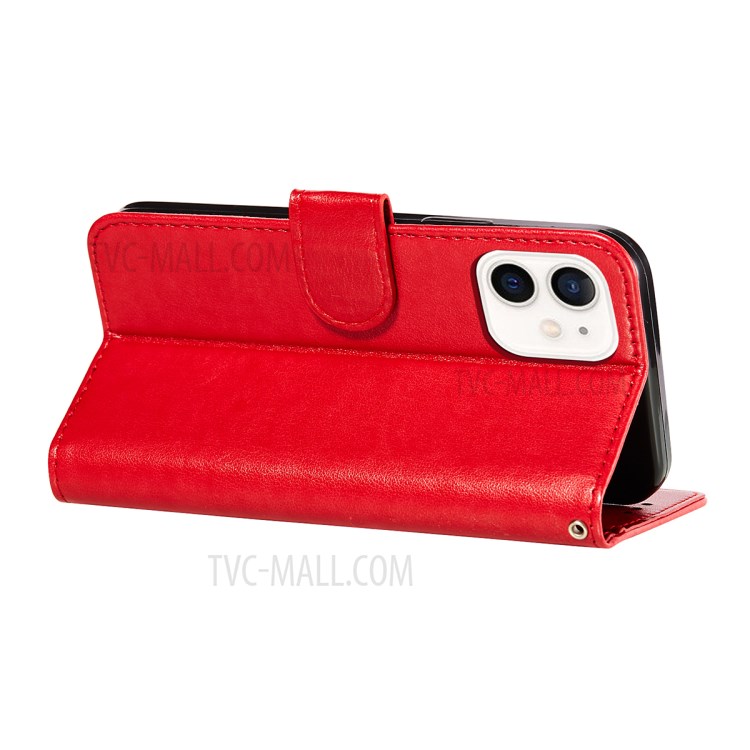 Imprinted Flower Vine Wallet Leather Cell Phone Case with Lanyard for iPhone 12 mini - Red-6