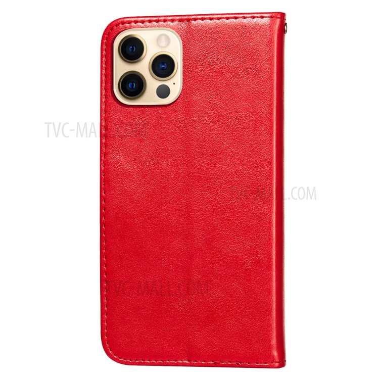 Flower Vine Imprinted Wallet Leather Cell Phone Case with Lanyard for iPhone 12/12 Pro - Red-3