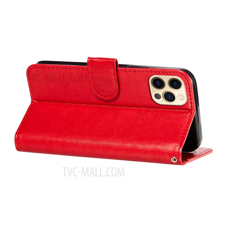 Flower Vine Imprinted Wallet Leather Cell Phone Case with Lanyard for iPhone 12/12 Pro - Red-6