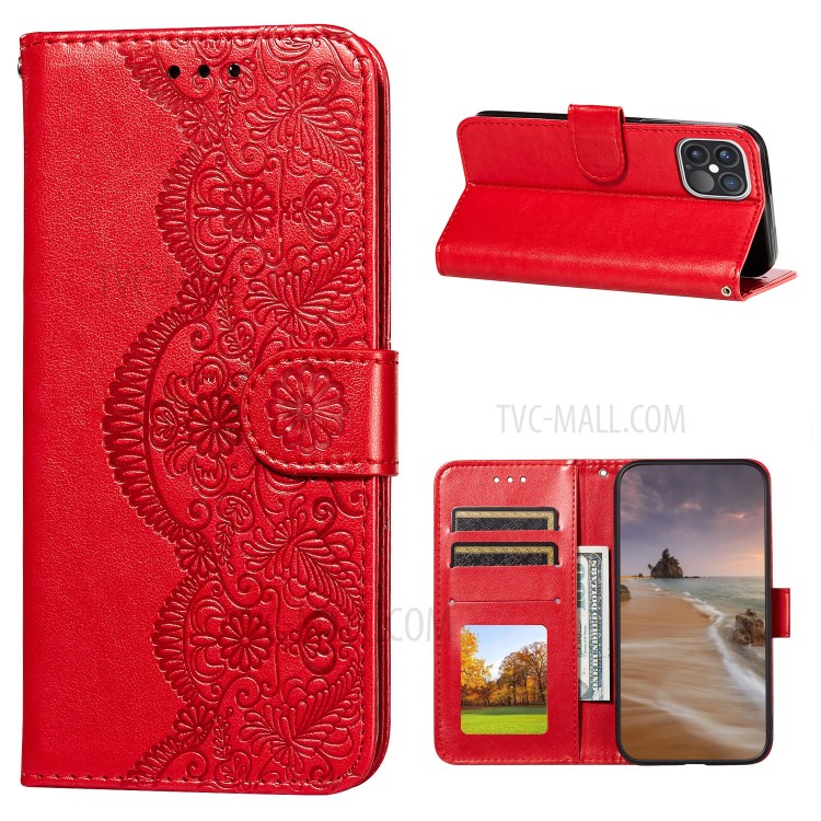 Imprinted Flower Vine Wallet TPU + PU Leather Case with Lanyard for iPhone 12 Pro Max - Red-1