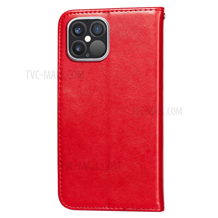Imprinted Flower Vine Wallet TPU + PU Leather Case with Lanyard for iPhone 12 Pro Max - Red-3