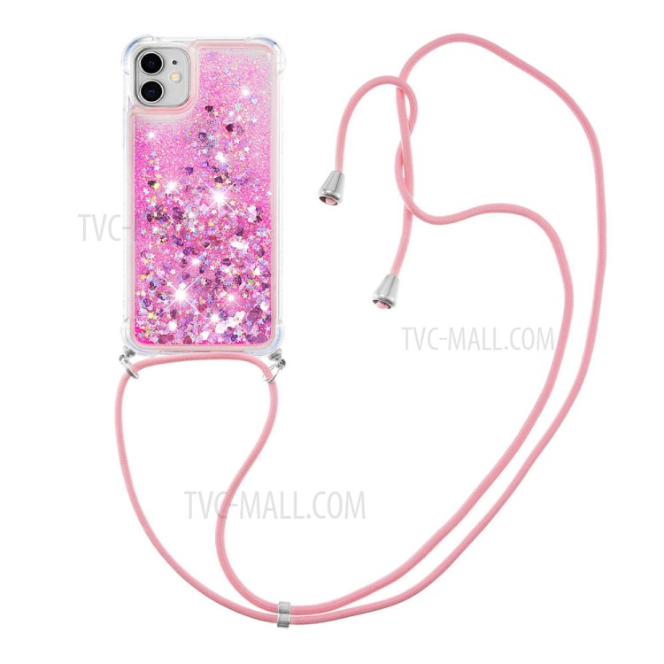 Dynamic Quicksand TPU Shockproof Cell Phone Protective Shell Cover with Lanyard for iPhone 11 6.1 inch - Rose-1