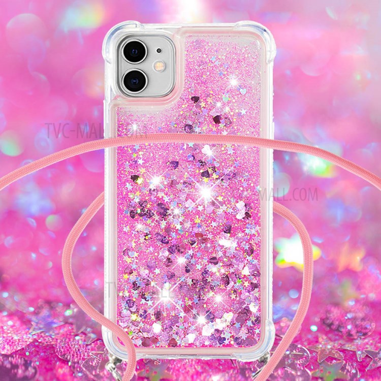 Dynamic Quicksand TPU Shockproof Cell Phone Protective Shell Cover with Lanyard for iPhone 11 6.1 inch - Rose-3