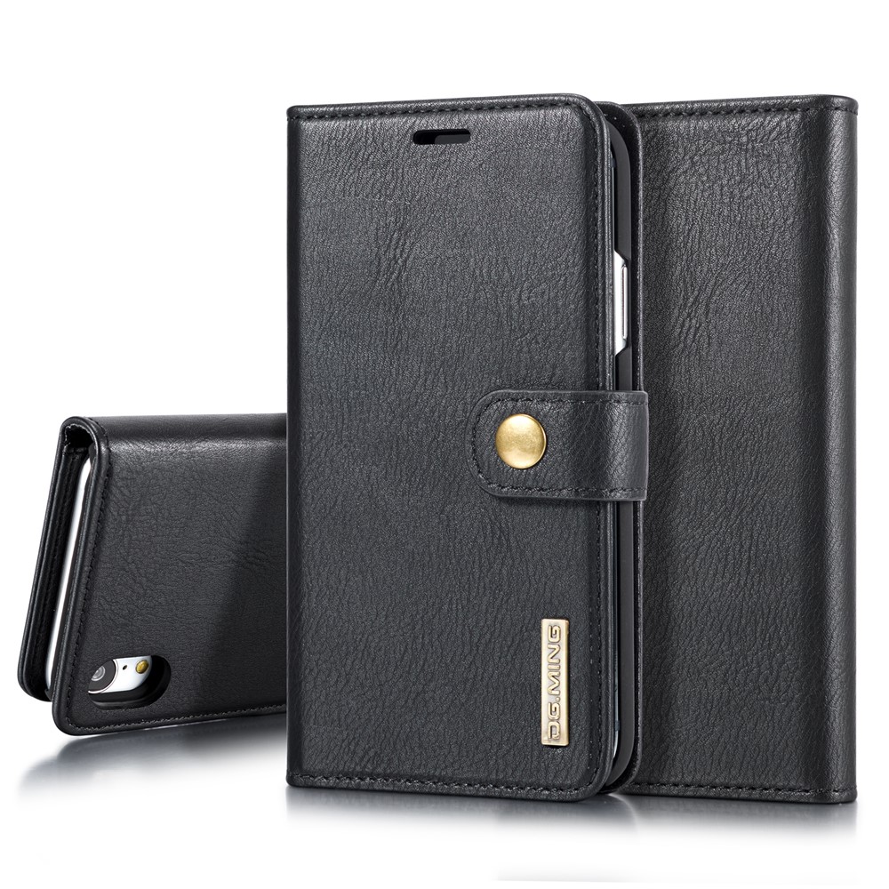 DG.MING Split Leather Wallet Cover for iPhone XR 6.1-inch, Stand Feature Detachable 2-in-1 Flip Case - Black