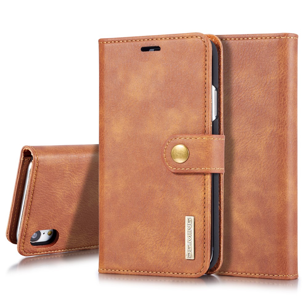 DG.MING Split Leather Wallet Cover for iPhone XR 6.1-inch, Stand Feature Detachable 2-in-1 Flip Case - Brown