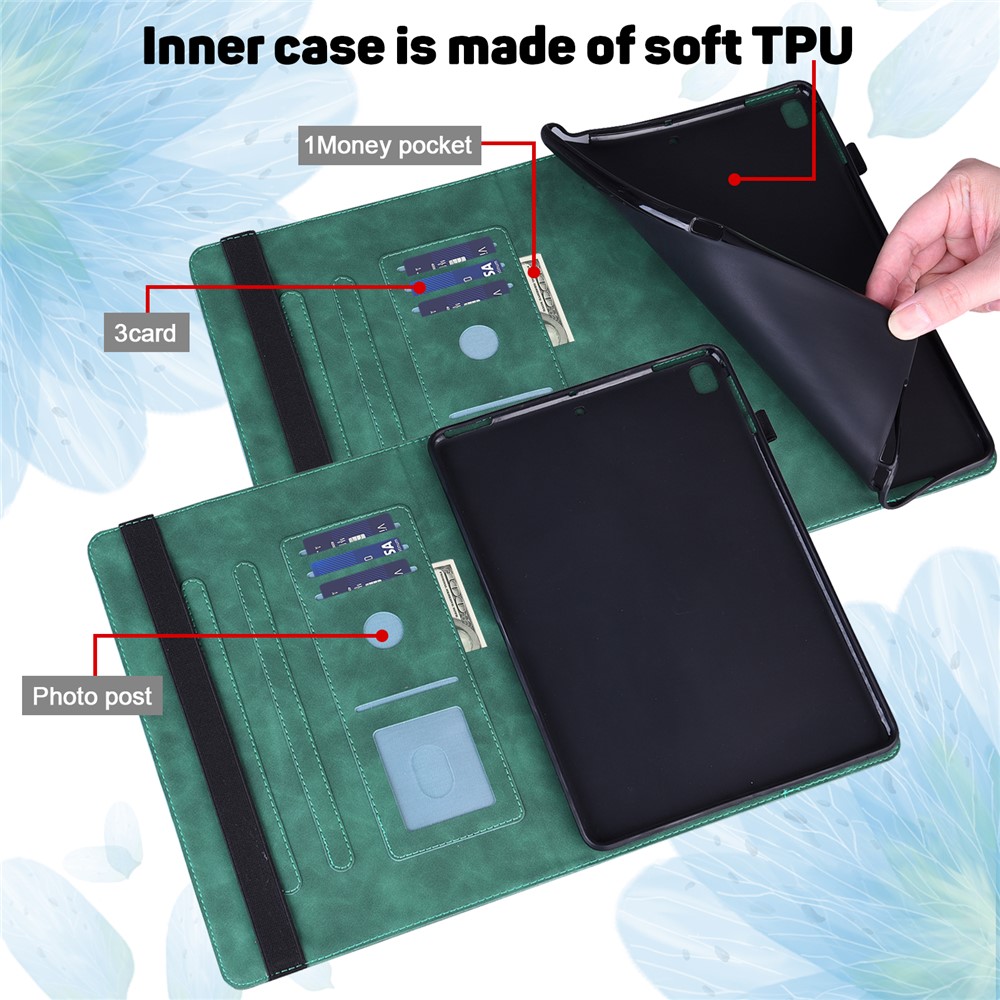Imprinted Flower Pattern Leather Wallet Stand Tablet Case Shell for iPad 10.2 (2020)/(2019) - Green-10