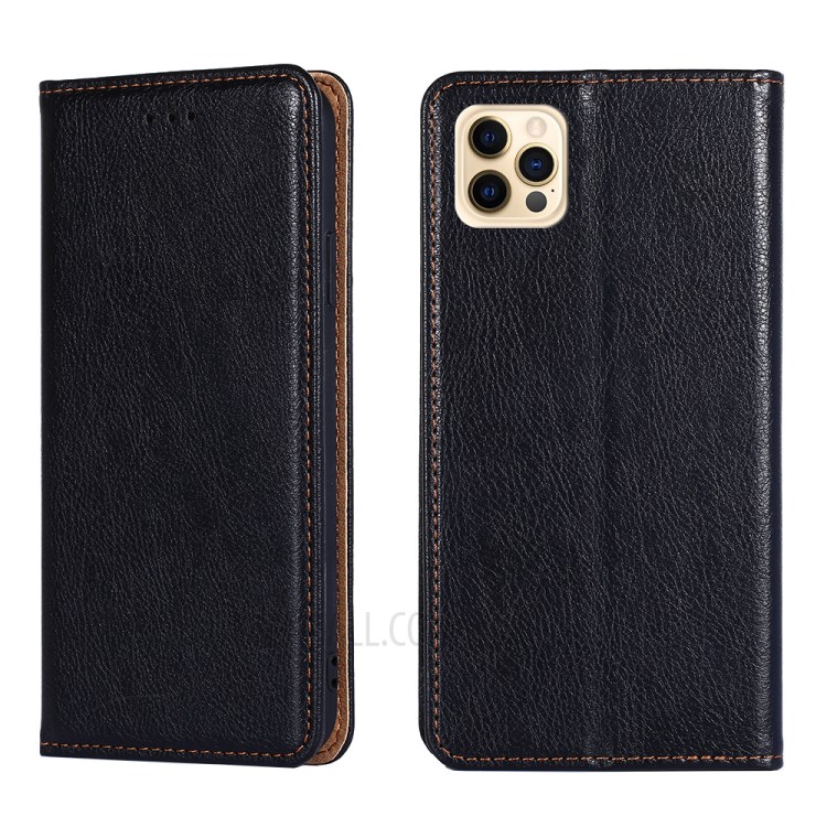 Auto-Magnetic Solid-Colored Leather Wallet Phone Stand Case for iPhone 12 Pro Max - Black-1