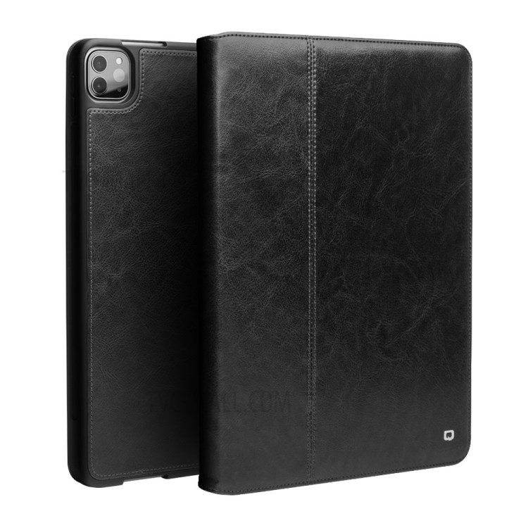 QIALINO TPU + Genuine Leather + Cowhide Leather Smart Tablet Case with Stand for iPad Pro 12.9-inch (2020) - Black-1
