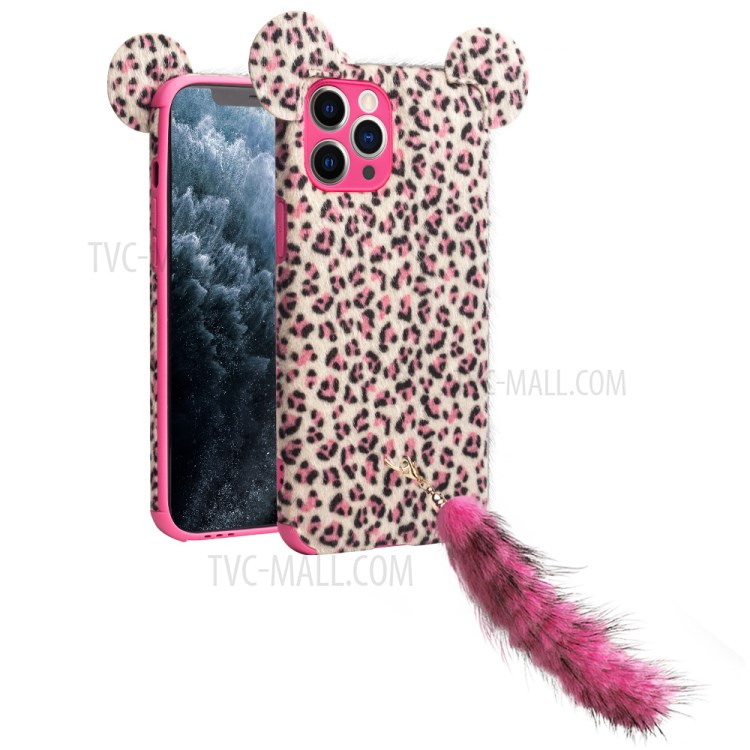 QIALINO Fluffy Ear Design Leopard Skin Plush Coated TPU Phone Cover for iPhone 11 Pro Max - Pink-1