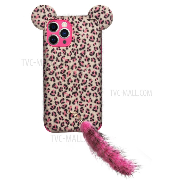 QIALINO Fluffy Ear Design Leopard Skin Plush Coated TPU Phone Cover for iPhone 11 Pro Max - Pink-2