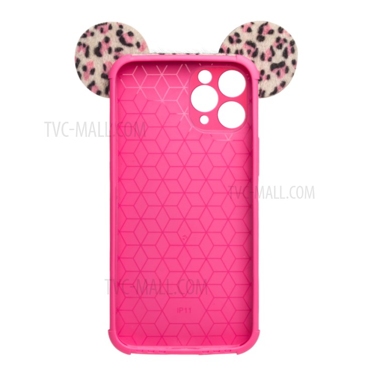 QIALINO Fluffy Ear Design Leopard Skin Plush Coated TPU Phone Cover for iPhone 11 Pro Max - Pink-3