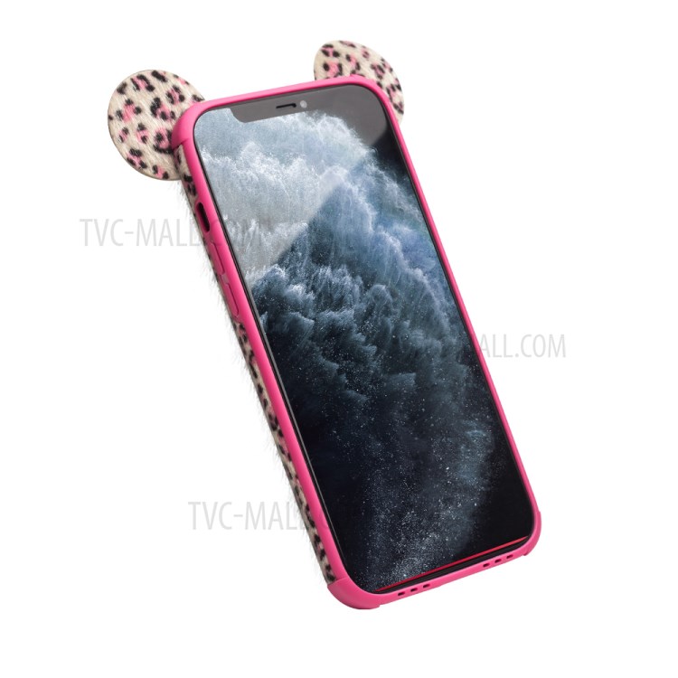 QIALINO Fluffy Ear Design Leopard Skin Plush Coated TPU Phone Cover for iPhone 11 Pro Max - Pink-4
