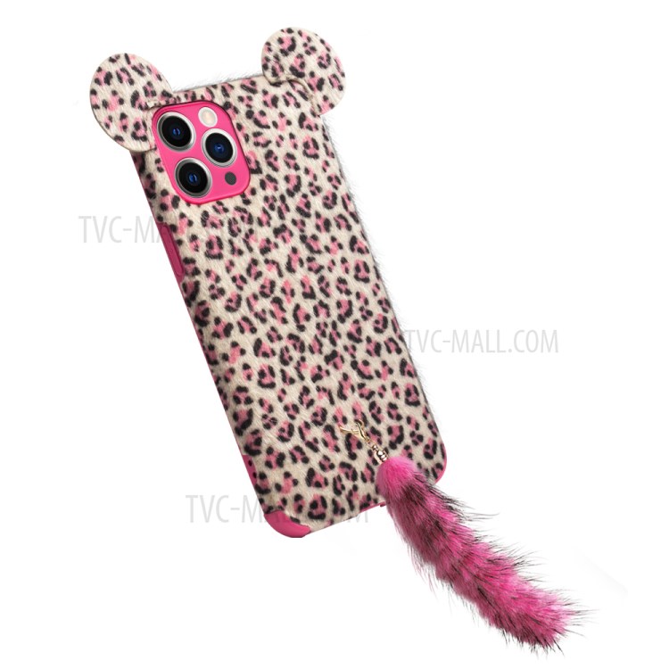 QIALINO Fluffy Ear Design Leopard Skin Plush Coated TPU Phone Cover for iPhone 11 Pro Max - Pink-5