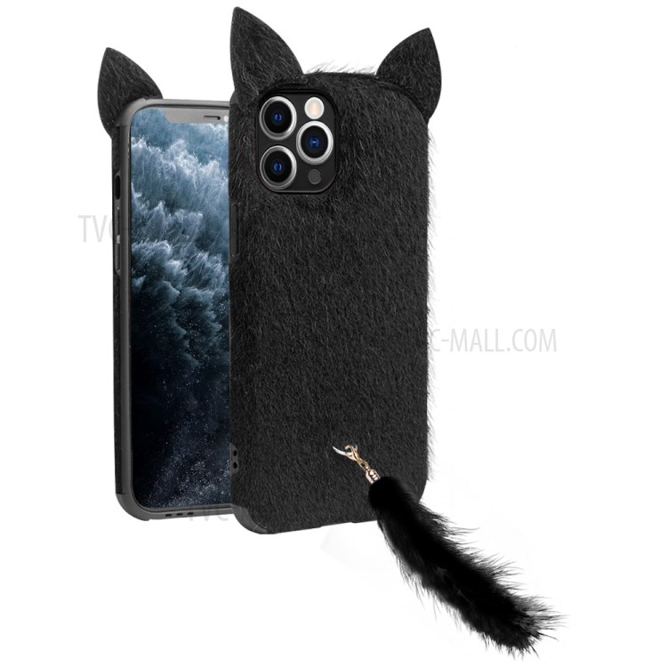 Qialino Fluffy Cat Ear + Talle Strap Design Collush Coated TPU TPU Cubierta De La Cubierta Para IPhone 11 Pro Max - Negro-1