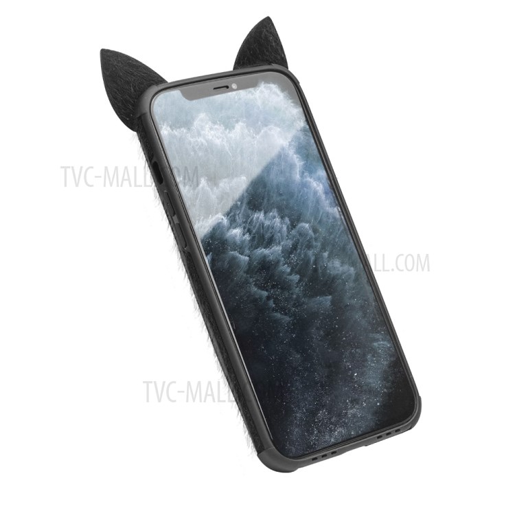 Qialino Fluffy Cat Ear + Talle Strap Design Collush Coated TPU TPU Cubierta De La Cubierta Para IPhone 11 Pro Max - Negro-3
