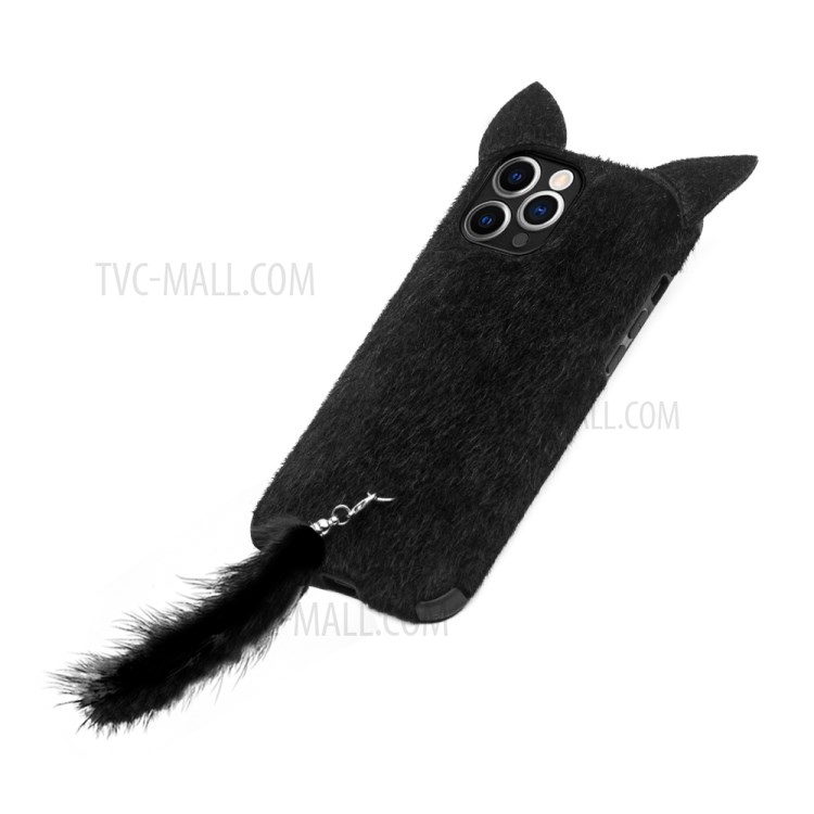 Qialino Fluffy Cat Ear + Talle Strap Design Collush Coated TPU TPU Cubierta De La Cubierta Para IPhone 11 Pro Max - Negro-4