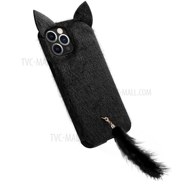 Qialino Fluffy Cat Ear + Talle Strap Design Collush Coated TPU TPU Cubierta De La Cubierta Para IPhone 11 Pro Max - Negro-5