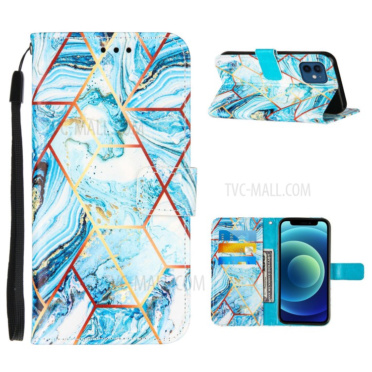Wallet Stand Leather Protective Smartphone Cover Case with Splicing Marble Pattern for iPhone 12 mini - Sky Blue-1