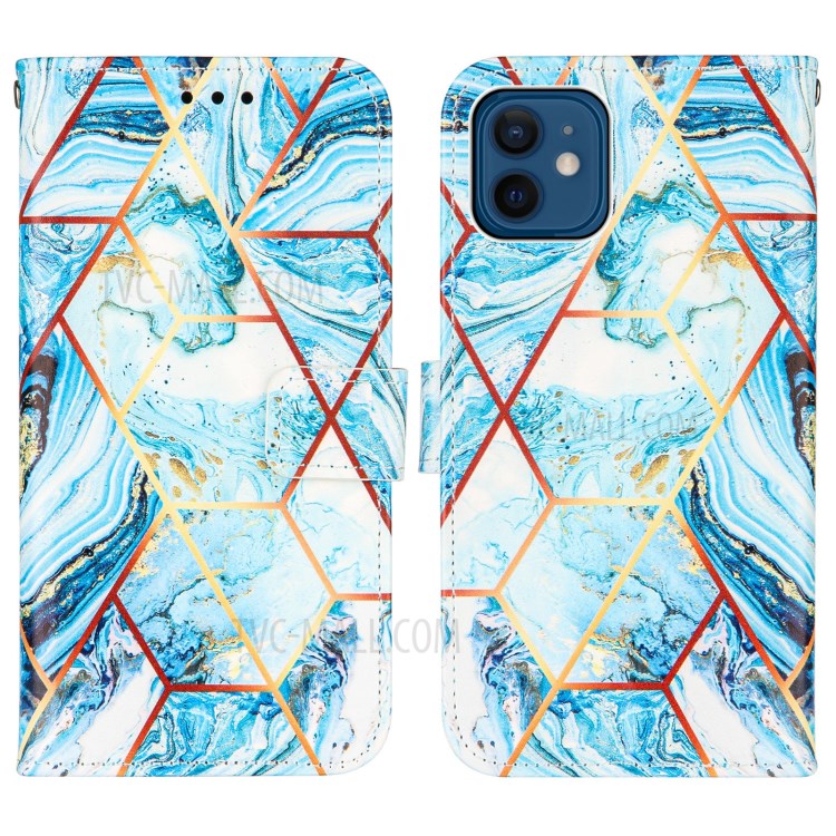 Wallet Stand Leather Protective Smartphone Cover Case with Splicing Marble Pattern for iPhone 12 mini - Sky Blue-3