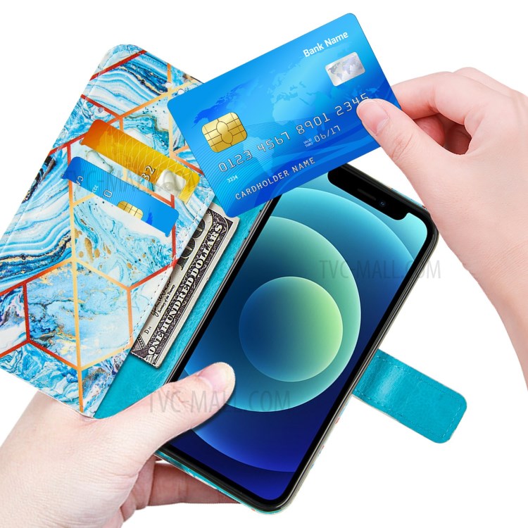 Wallet Stand Leather Protective Smartphone Cover Case with Splicing Marble Pattern for iPhone 12 mini - Sky Blue-6