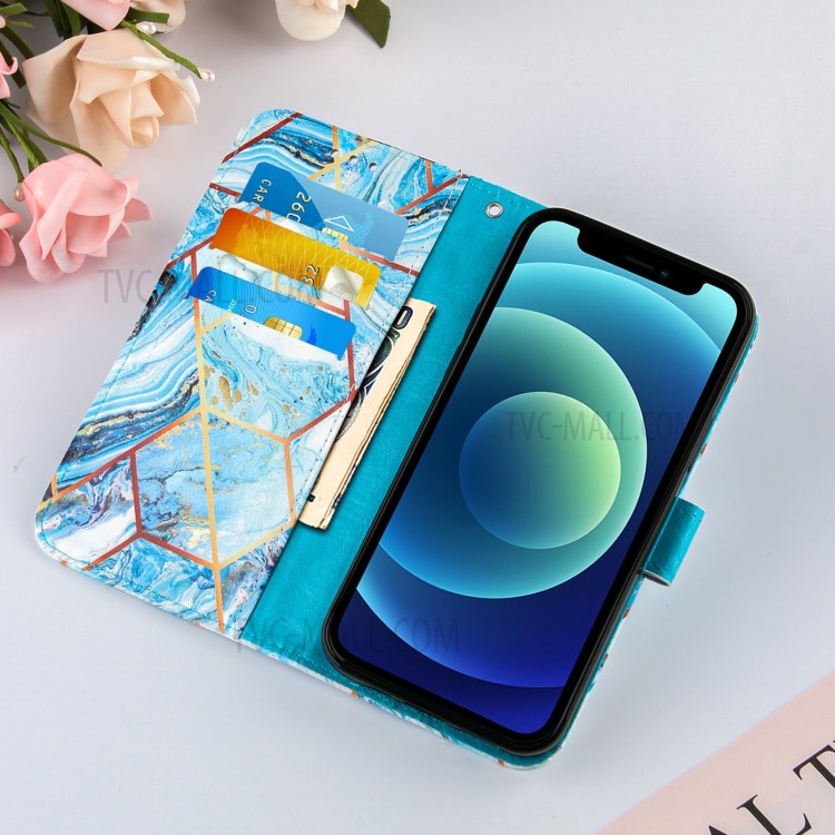 Wallet Stand Leather Protective Smartphone Cover Case with Splicing Marble Pattern for iPhone 12 mini - Sky Blue-8