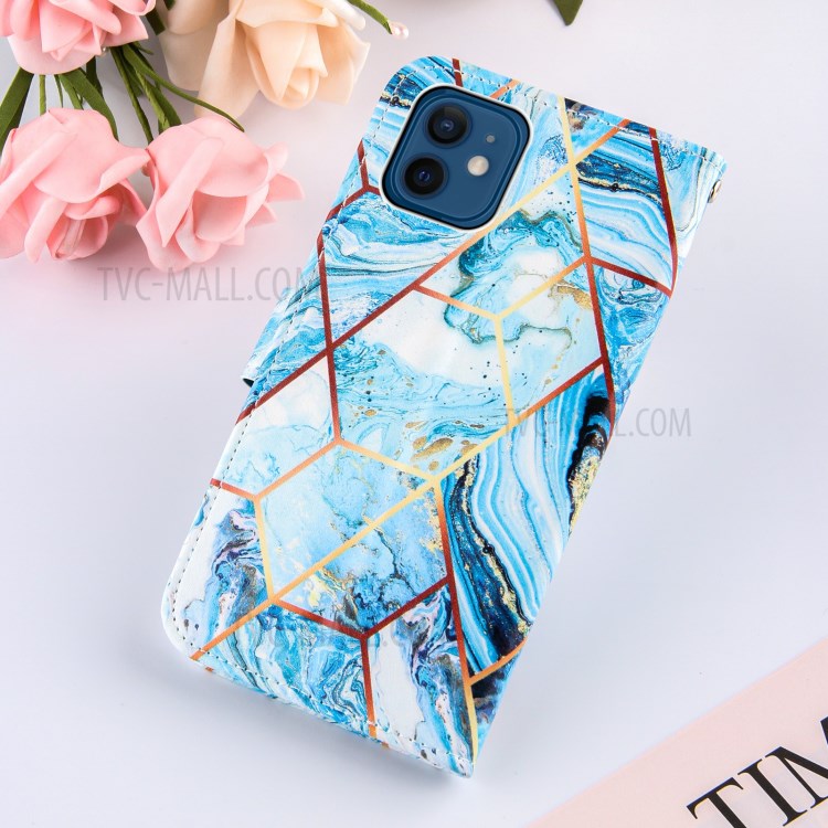 Wallet Stand Leather Protective Smartphone Cover Case with Splicing Marble Pattern for iPhone 12 mini - Sky Blue-9