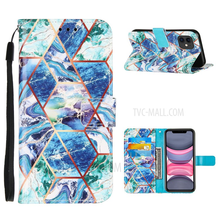 Wallet Splicing Marble Pattern Stand Leather Protective Case with Lanyard for iPhone 11 6.1 inch - Blue-1