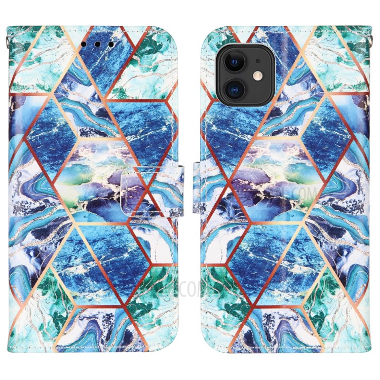 Wallet Splicing Marble Pattern Stand Leather Protective Case with Lanyard for iPhone 11 6.1 inch - Blue-3