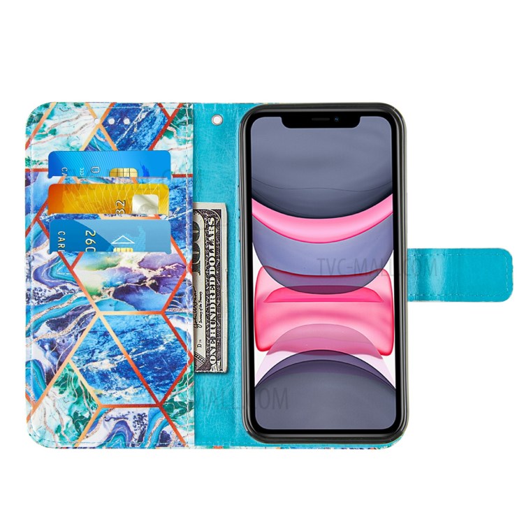 Wallet Splicing Marble Pattern Stand Leather Protective Case with Lanyard for iPhone 11 6.1 inch - Blue-5