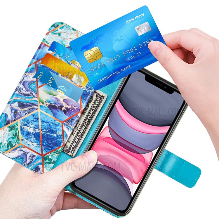 Wallet Splicing Marble Pattern Stand Leather Protective Case with Lanyard for iPhone 11 6.1 inch - Blue-6