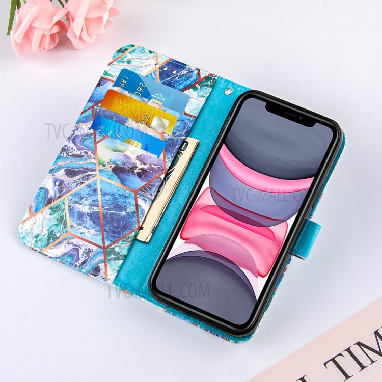 Wallet Splicing Marble Pattern Stand Leather Protective Case with Lanyard for iPhone 11 6.1 inch - Blue-8