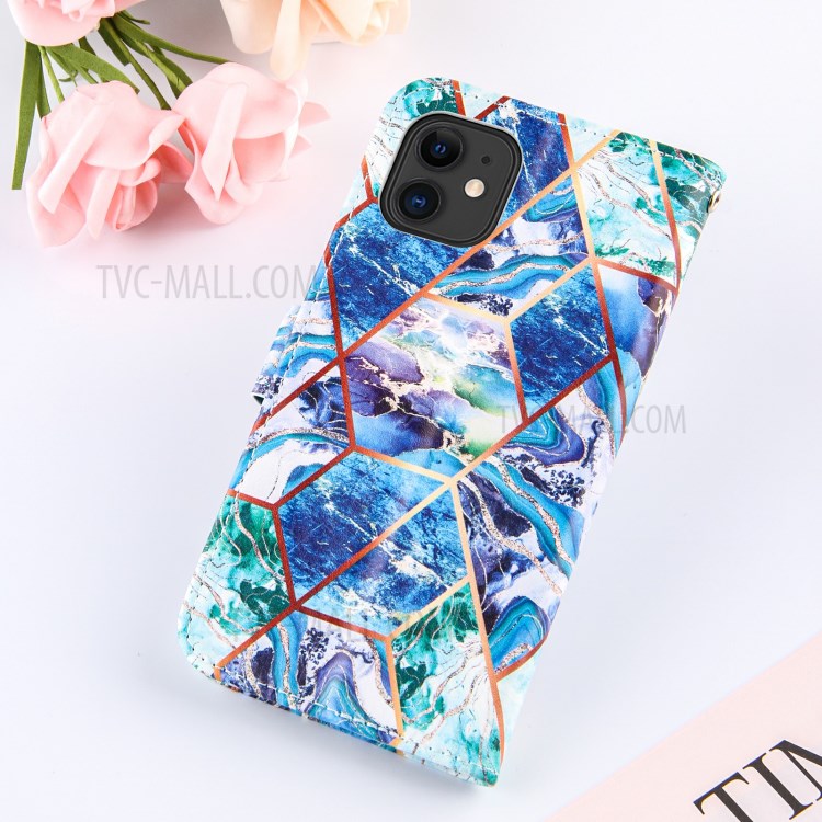 Wallet Splicing Marble Pattern Stand Leather Protective Case with Lanyard for iPhone 11 6.1 inch - Blue-9