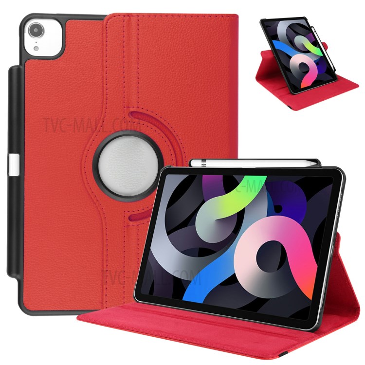 For iPad Air (2020) 360 Degree Rotary Litchi Texture Leather Tablet Stand Case with Pen Slot - Red-1
