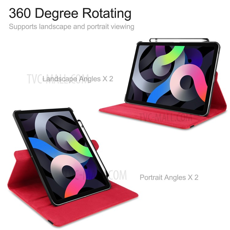 For iPad Air (2020) 360 Degree Rotary Litchi Texture Leather Tablet Stand Case with Pen Slot - Red-3