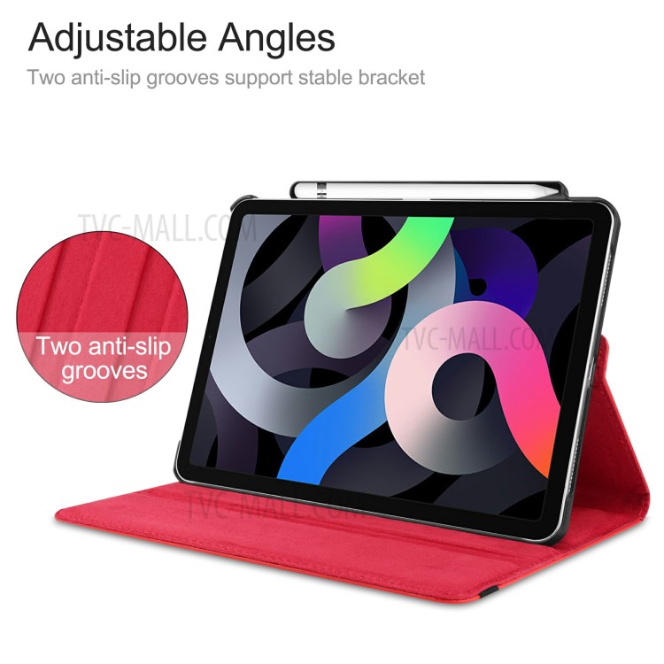 For iPad Air (2020) 360 Degree Rotary Litchi Texture Leather Tablet Stand Case with Pen Slot - Red-4