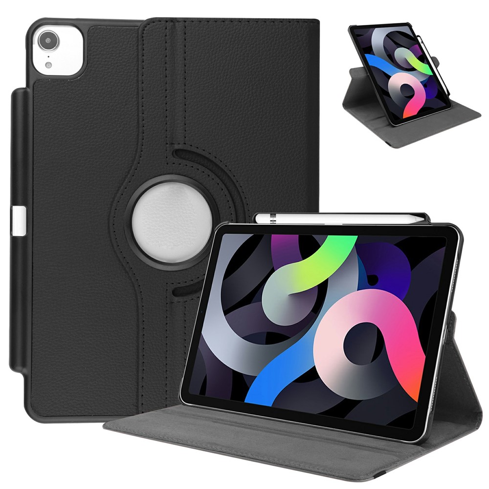 For iPad Air (2020)/Air (2022) 360 Degree Rotary Litchi Texture Leather Tablet Stand Case with Pen Slot - Black