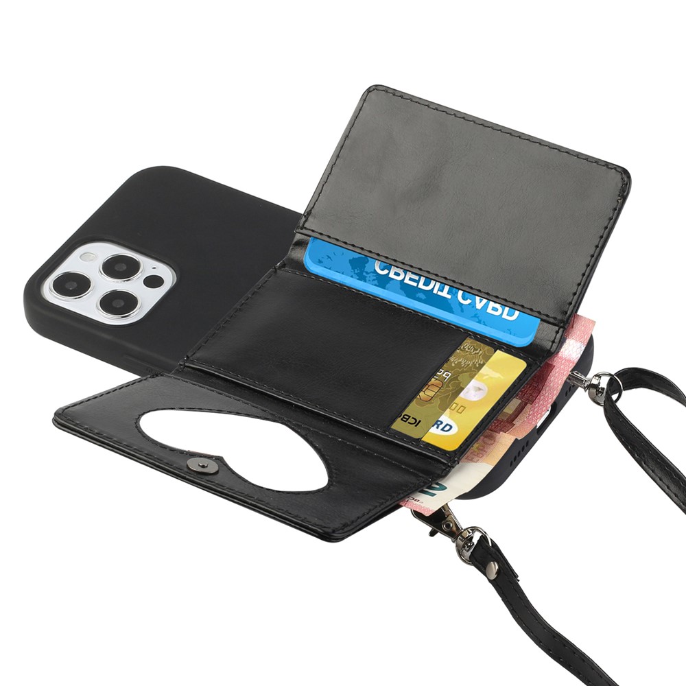 Wallet Kickstand Leather Phone Cover Case with Shoulder Strap for iPhone 12 Pro / iPhone 12 - Black-2