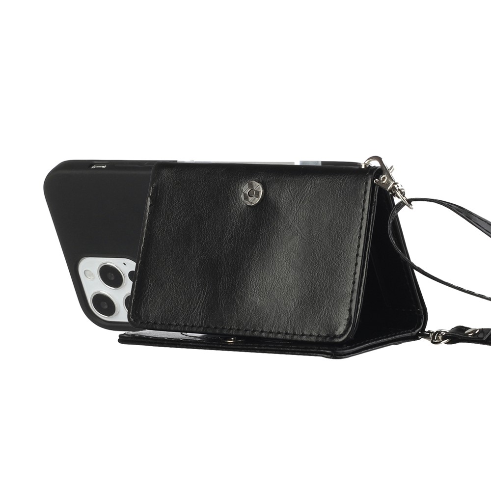 Wallet Kickstand Leather Phone Cover Case with Shoulder Strap for iPhone 12 Pro / iPhone 12 - Black-4