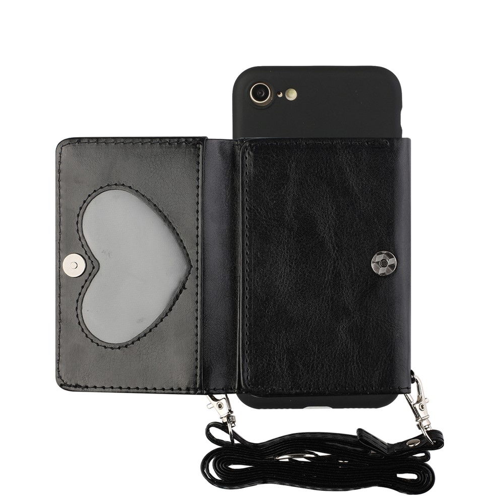 Leather Wallet Kickstand Phone Cover Case with Shoulder Strap for iPhone 7/8/SE (2nd Generation) - Black-1