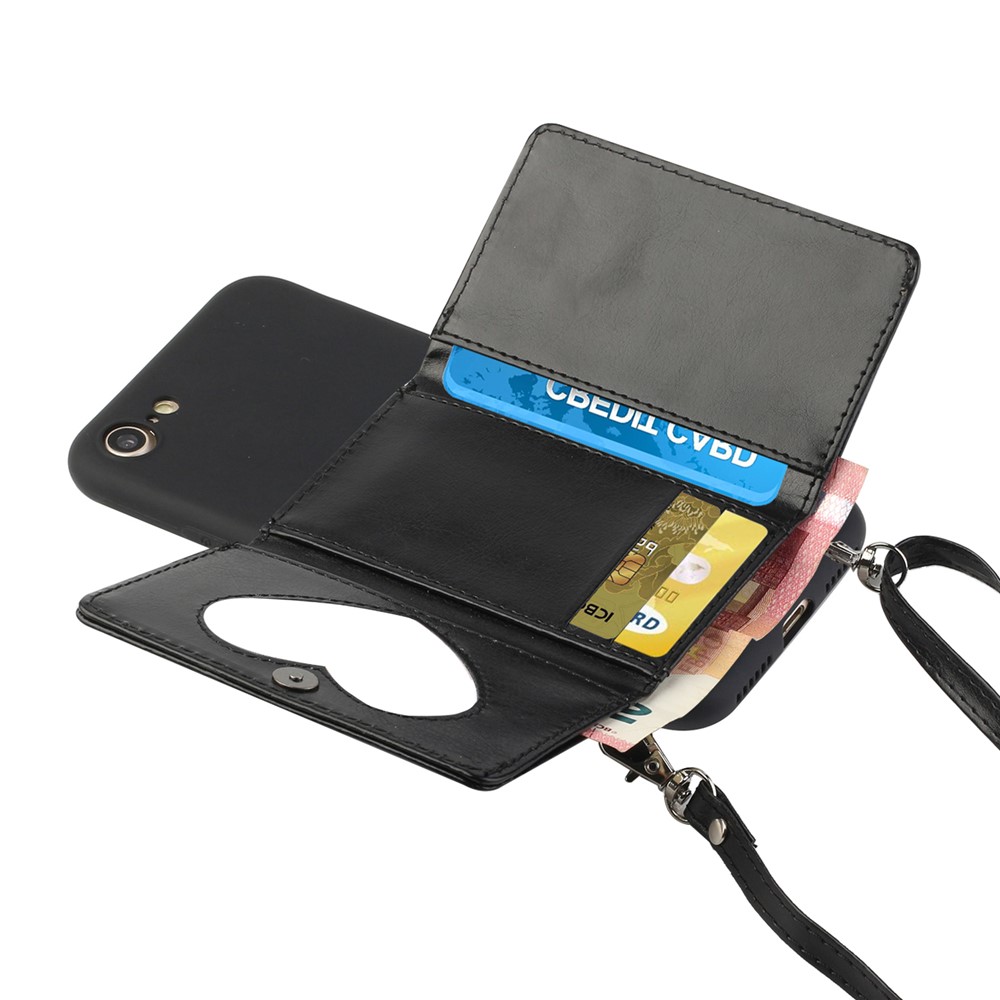 Leather Wallet Kickstand Phone Cover Case with Shoulder Strap for iPhone 7/8/SE (2nd Generation) - Black-2