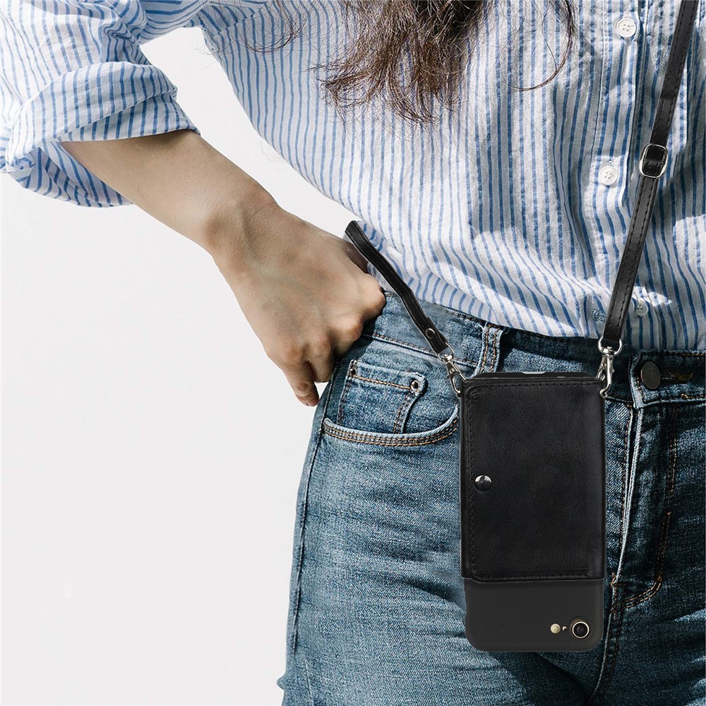 Leather Wallet Kickstand Phone Cover Case with Shoulder Strap for iPhone 7/8/SE (2nd Generation) - Black-5