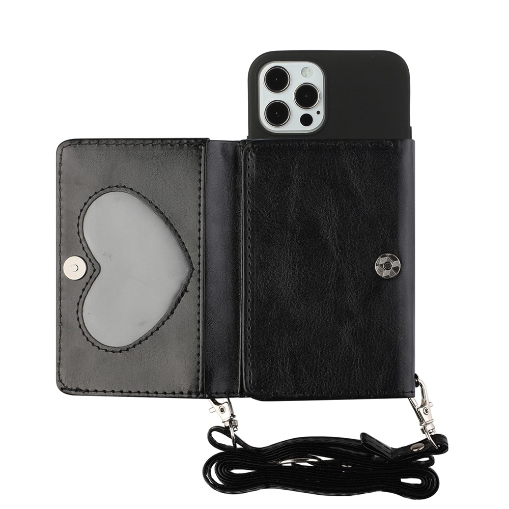 Leather Wallet Kickstand Phone Cover Case with Shoulder Strap for iPhone 12 Mini - Black-1