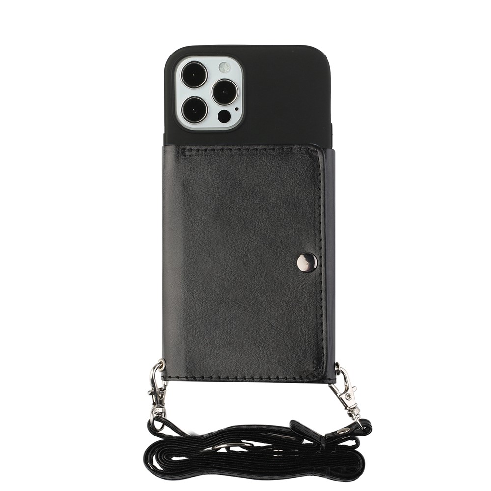Leather Wallet Kickstand Phone Cover Case with Shoulder Strap for iPhone 12 Mini - Black-3