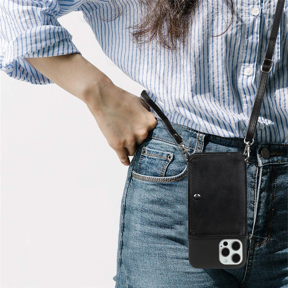 Leather Wallet Kickstand Phone Cover Case with Shoulder Strap for iPhone 12 Mini - Black-5